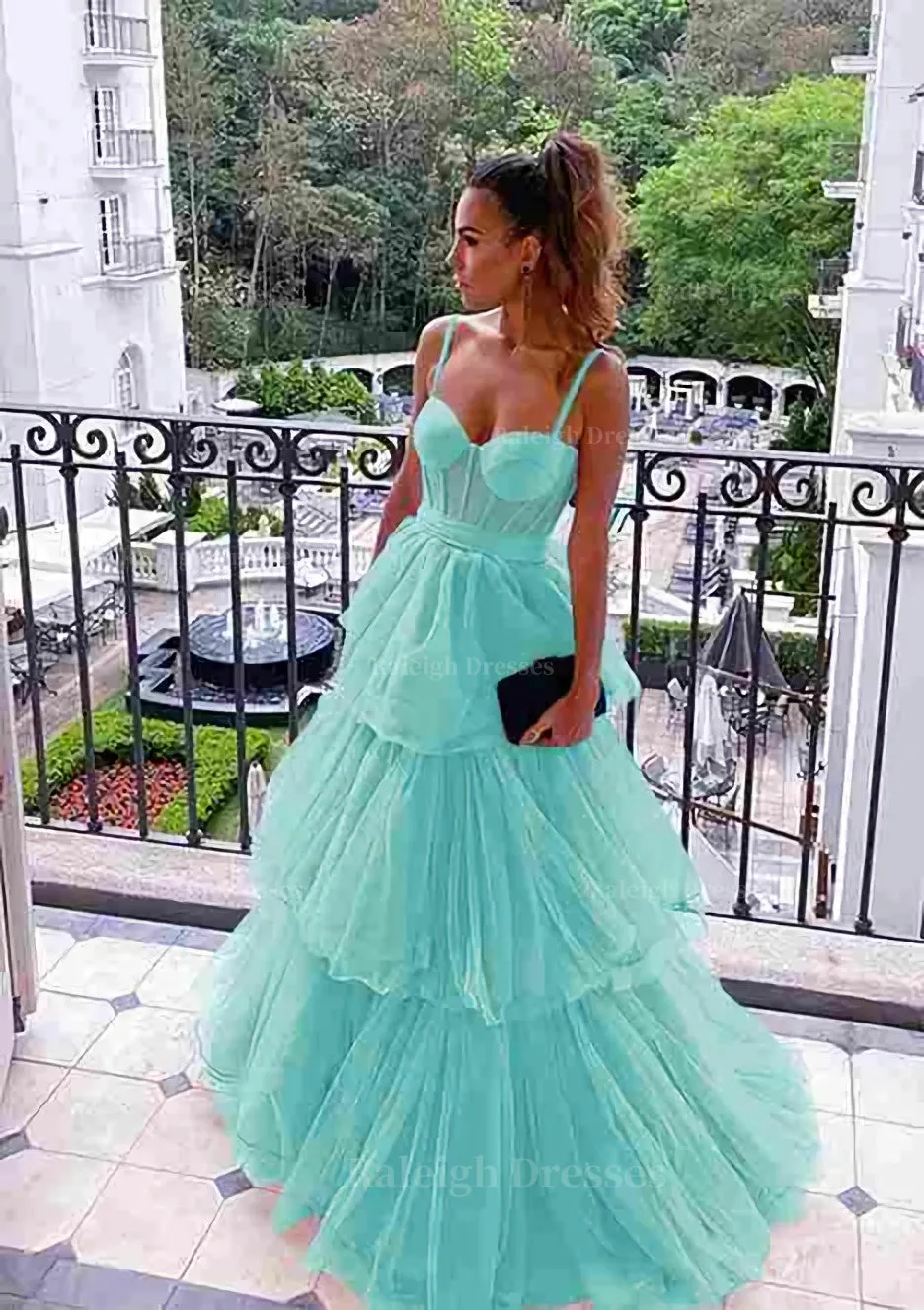 A-line Sweetheart Sleeveless Long/Floor-Length Tulle Prom Dress With Ruffles