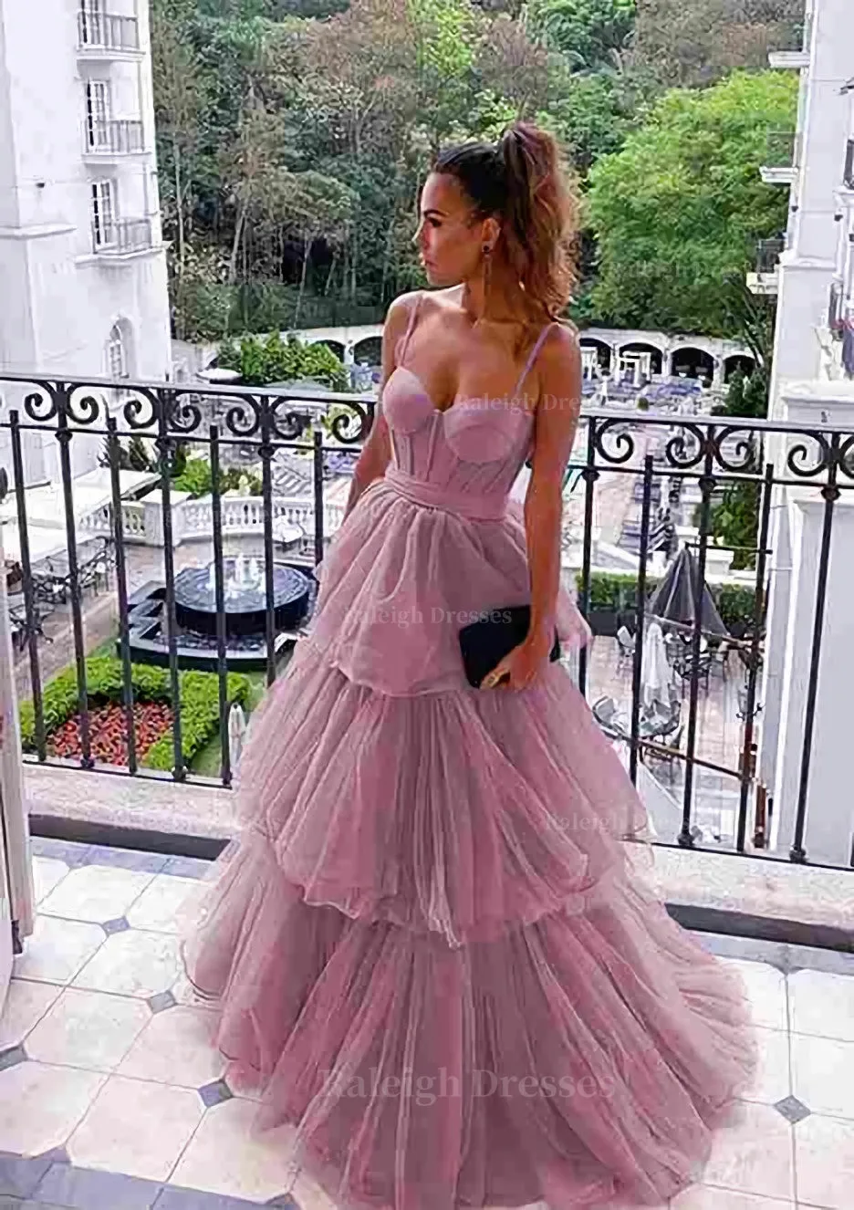 A-line Sweetheart Sleeveless Long/Floor-Length Tulle Prom Dress With Ruffles