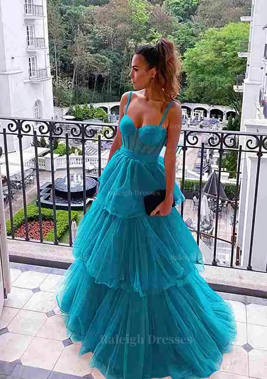 A-line Sweetheart Sleeveless Long/Floor-Length Tulle Prom Dress With Ruffles