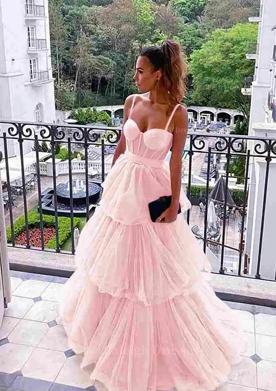 A-line Sweetheart Sleeveless Long/Floor-Length Tulle Prom Dress With Ruffles