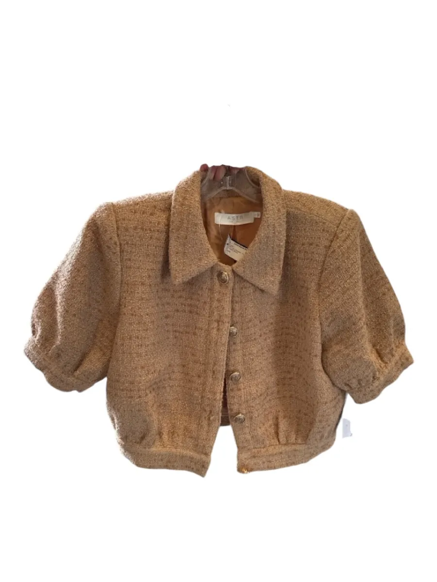 ASTR Size L Tan Polyester Tweed 3/4 Sleeve Cropped Jacket