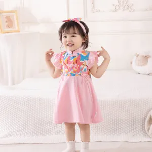 Baby Girl Chinese Style Dress 2024 Summer New Chinese Style Flounced Sleeve Skirt Baby One Year Old Full Moon Dress 3652