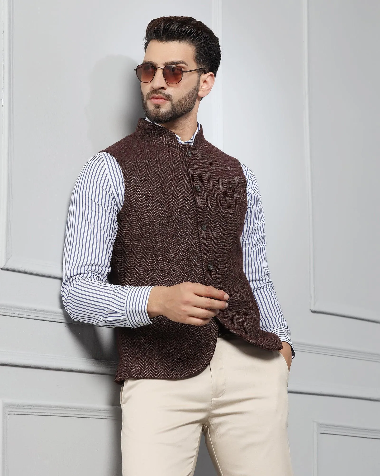 Bandhgala Casual Rust Striped Waistcoat - Silvan