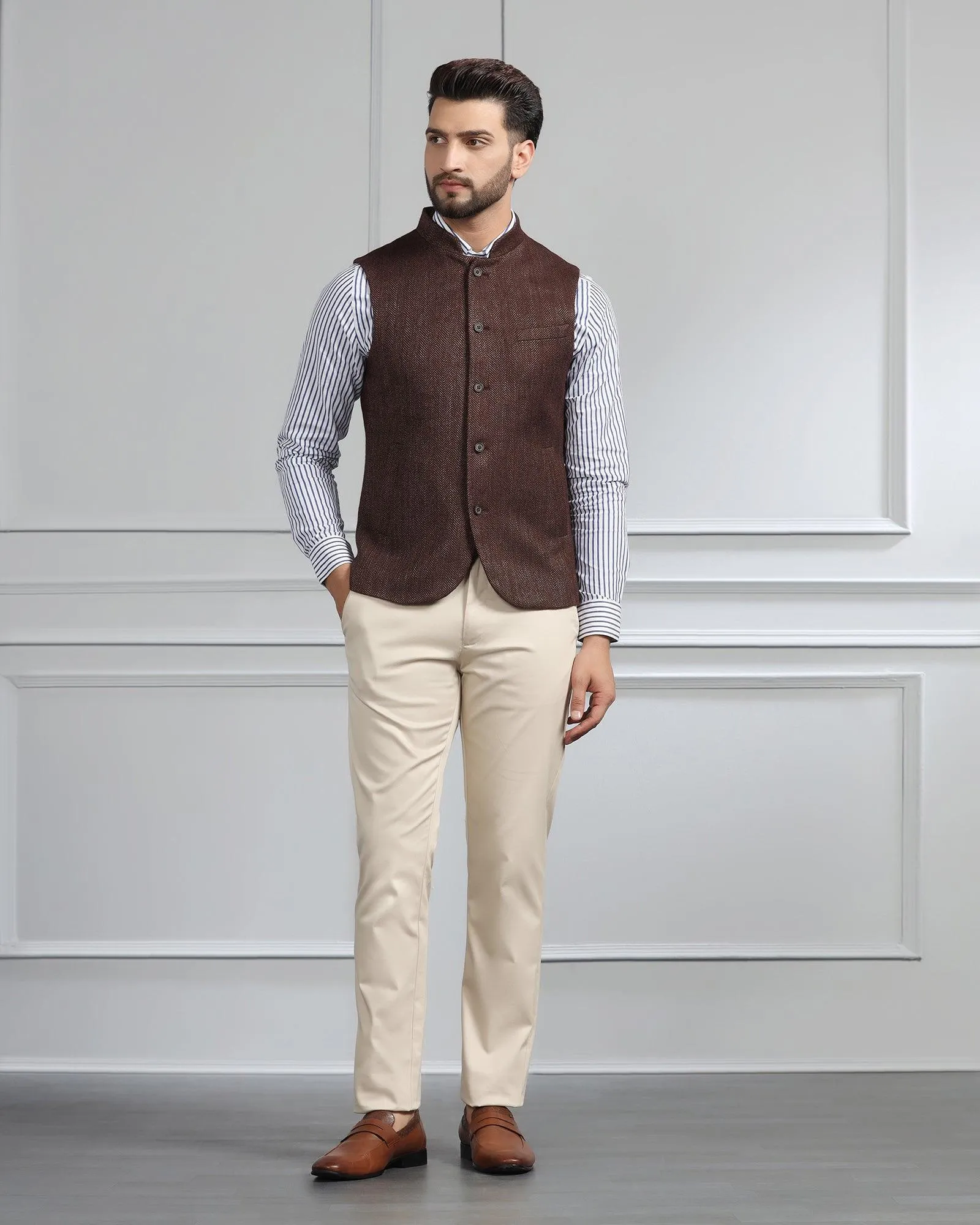 Bandhgala Casual Rust Striped Waistcoat - Silvan