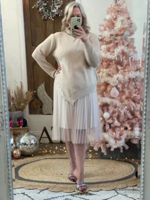 Beige Camille Two Piece Roll Neck Jumper & Pleated Dress