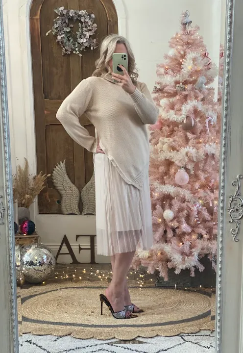 Beige Camille Two Piece Roll Neck Jumper & Pleated Dress