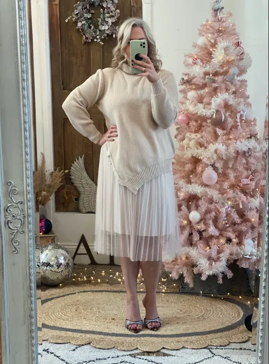 Beige Camille Two Piece Roll Neck Jumper & Pleated Dress