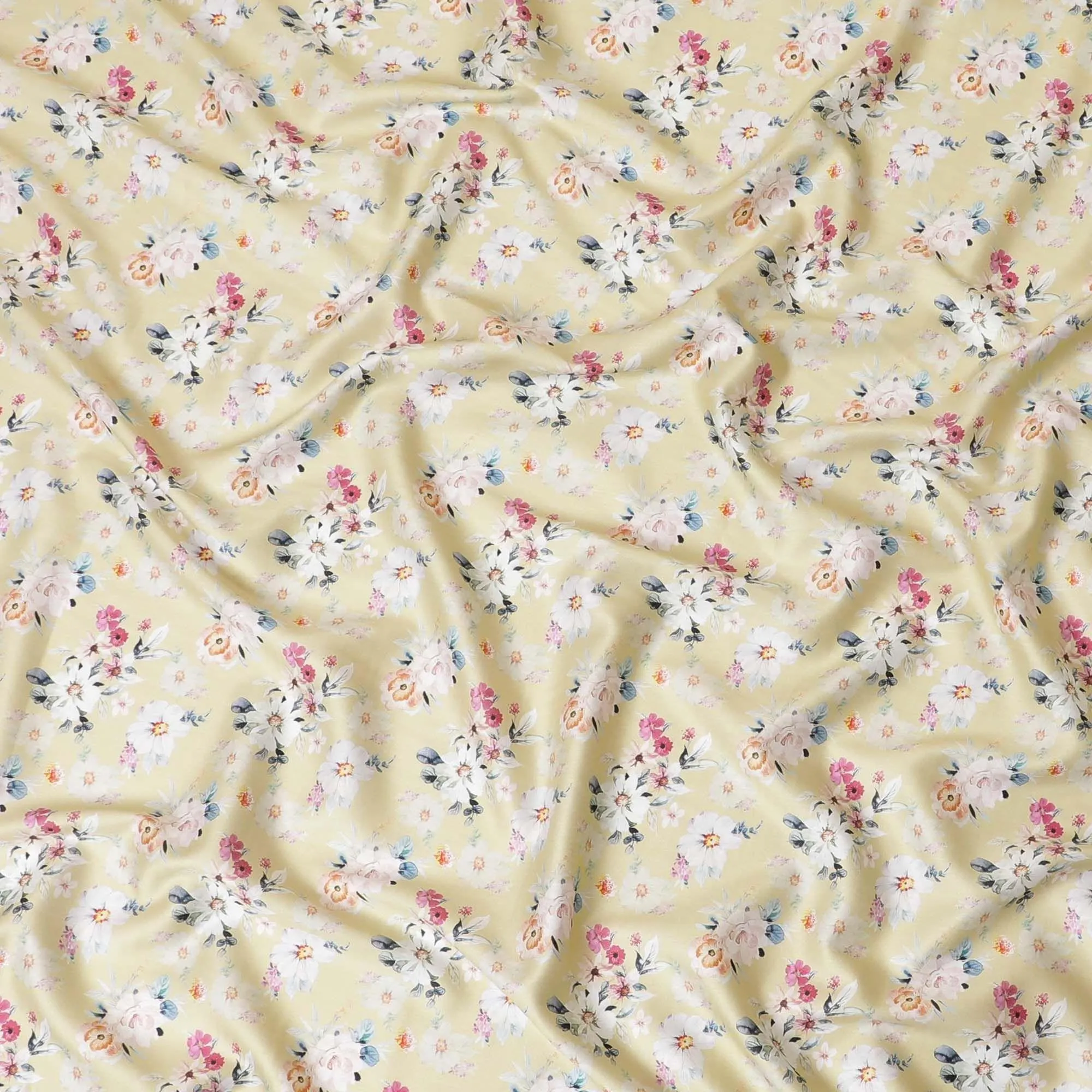 Beige cotton satin fabric with peach, maya blue, off white and cerise pink print in floral design-D7377