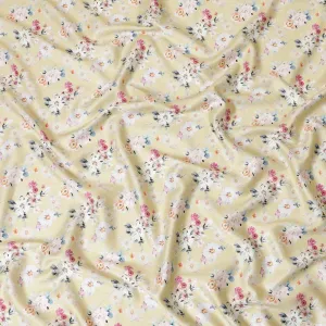 Beige cotton satin fabric with peach, maya blue, off white and cerise pink print in floral design-D7377