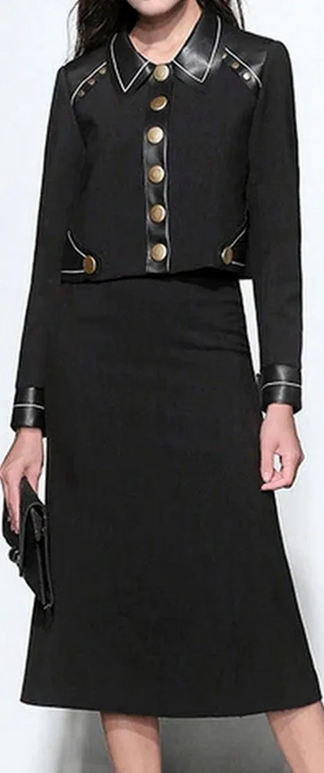 Black Button-Embellished Patchwork Cropped Jacket and Skirt Set