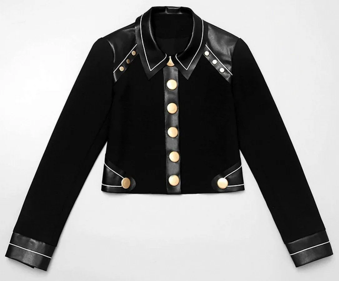 Black Button-Embellished Patchwork Cropped Jacket and Skirt Set