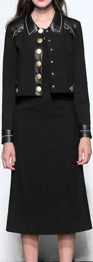 Black Button-Embellished Patchwork Cropped Jacket and Skirt Set