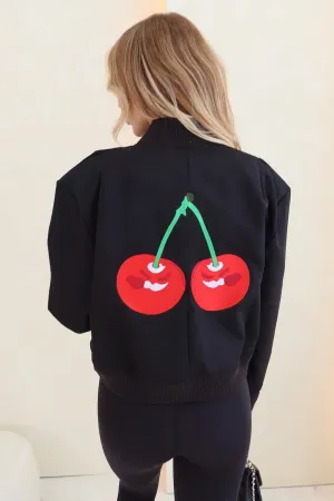 Cherry black embroidered cargo bomber jacket