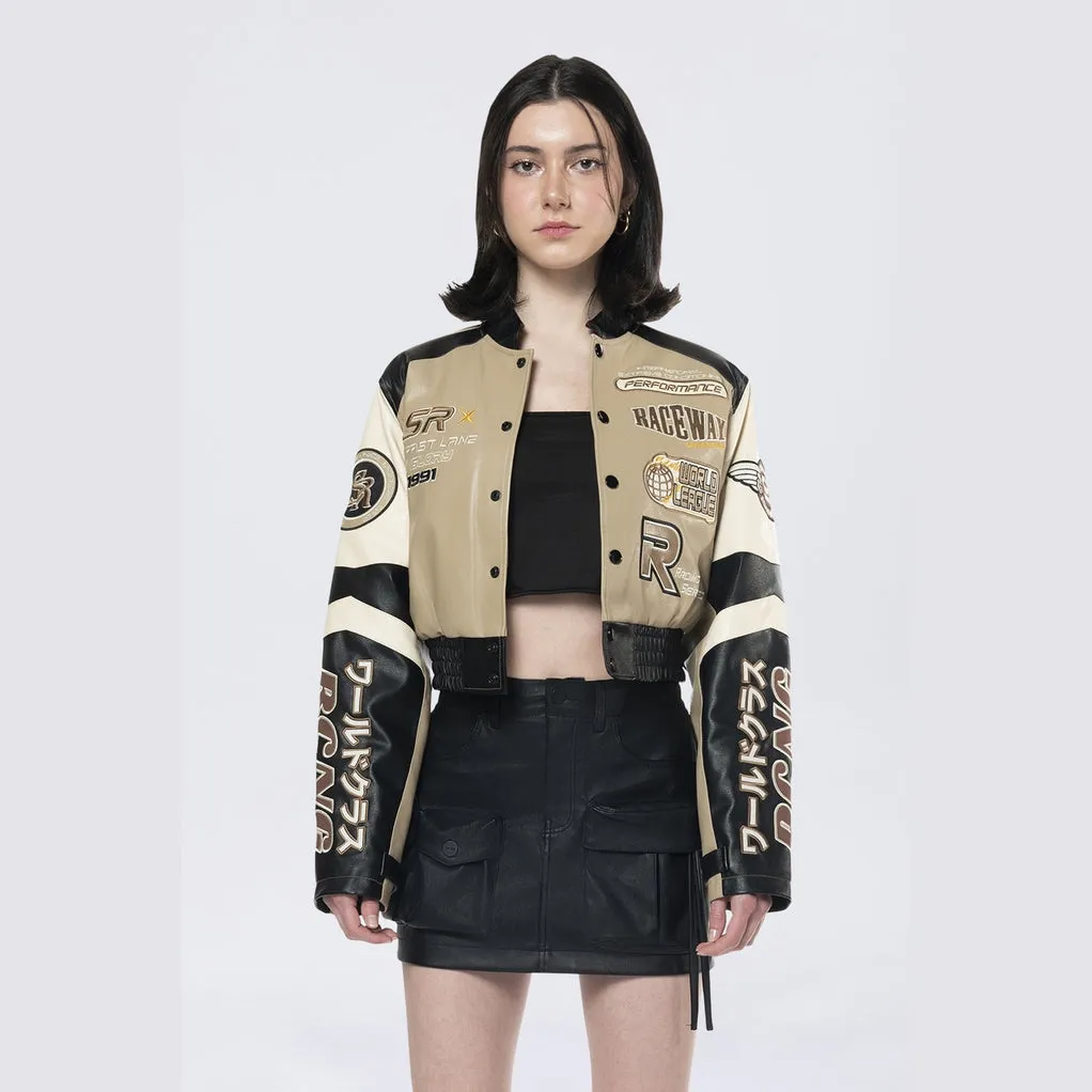 Cropped Racing Bomber Jacket - Khaki