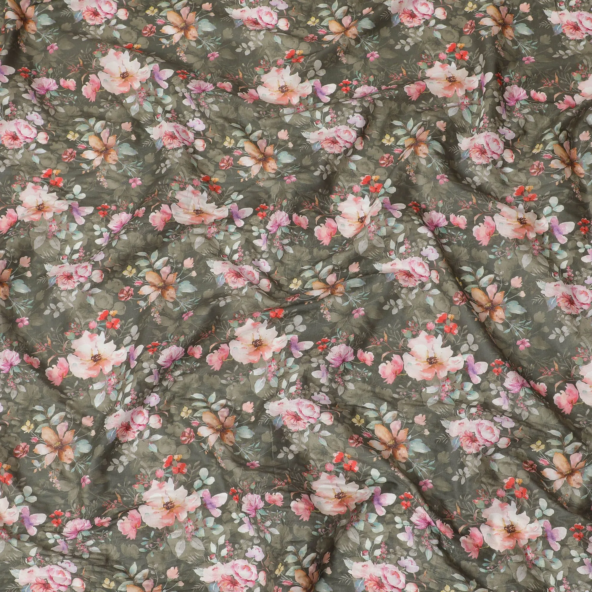 Dark olive cotton satin fabric with multicolor print in floral design-D16778