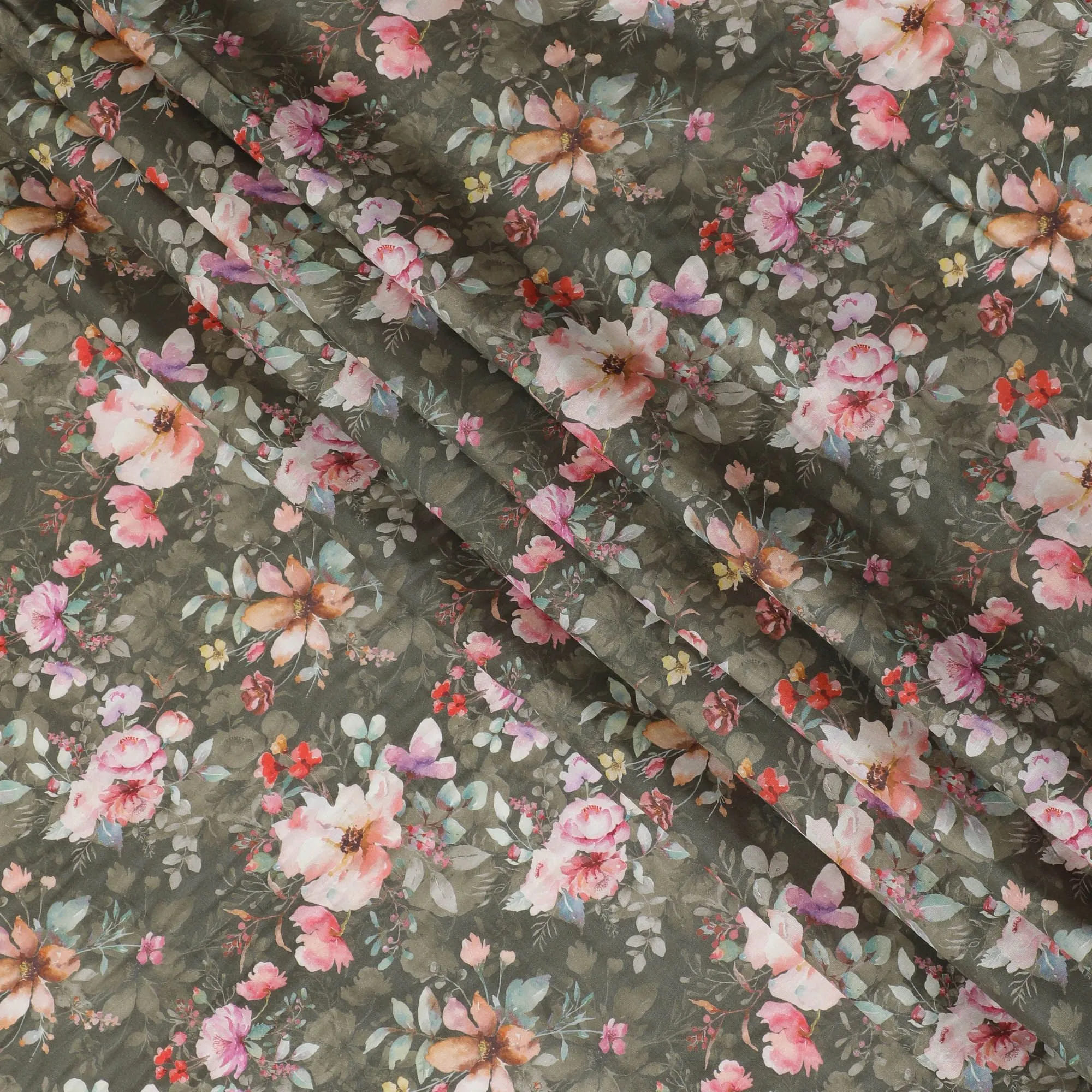 Dark olive cotton satin fabric with multicolor print in floral design-D16778