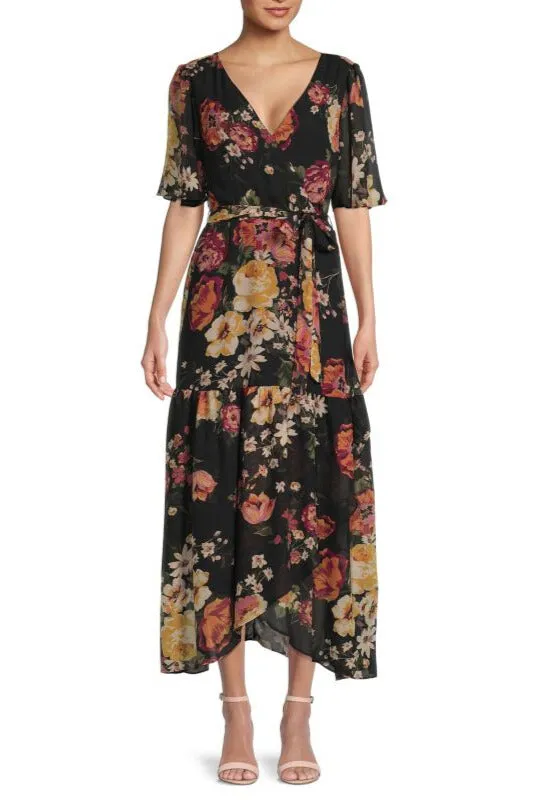 Donna Ricco Floral Flutter Sleeve Chiffon Wrap Dress