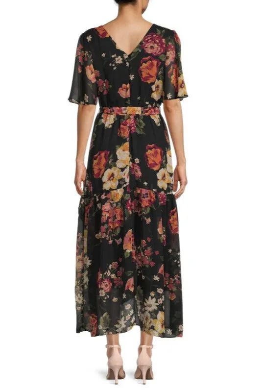 Donna Ricco Floral Flutter Sleeve Chiffon Wrap Dress