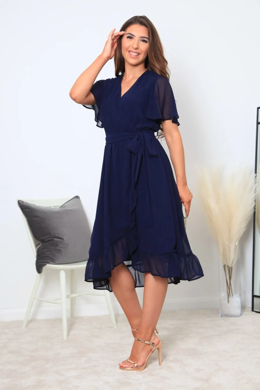 Double Second Navy Chiffon Wrap Dress With Tea Sleeve