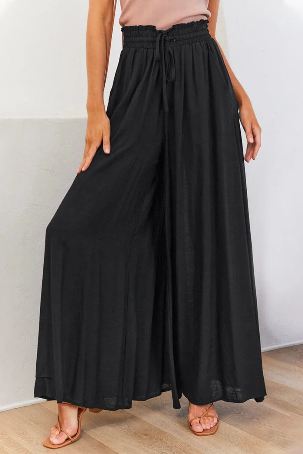 Drawstring Smocked High Waist Wide Leg Pants