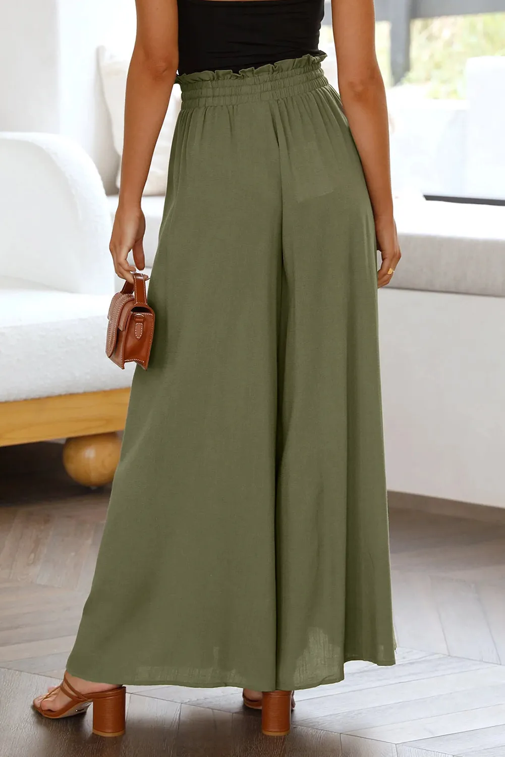 Drawstring Smocked High Waist Wide Leg Pants