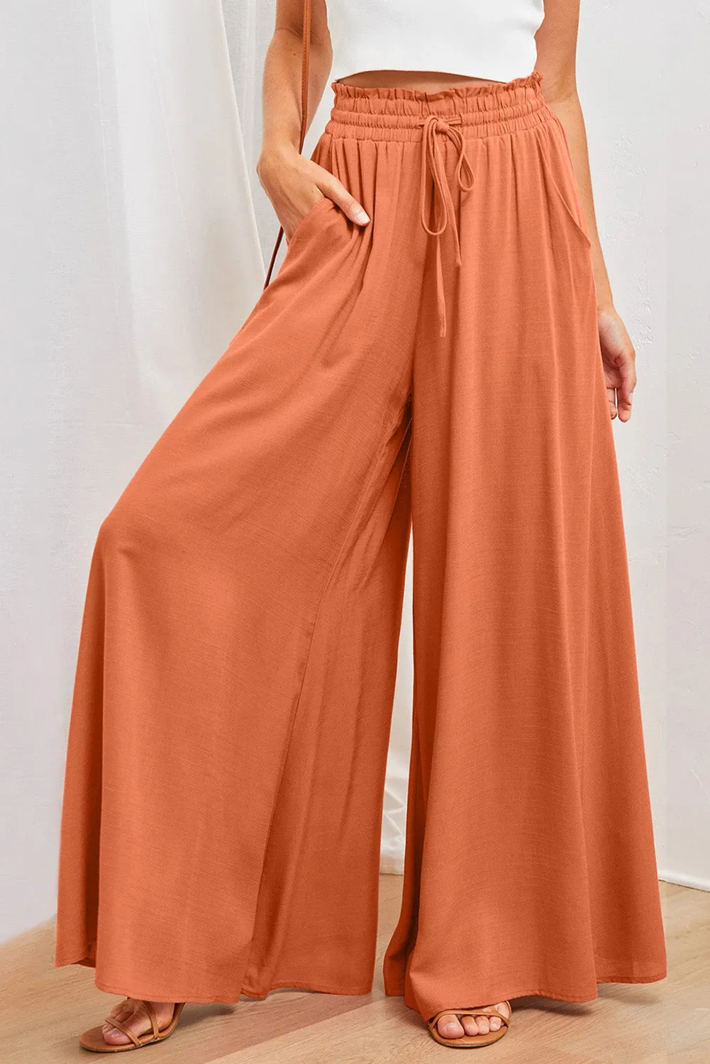 Drawstring Smocked High Waist Wide Leg Pants