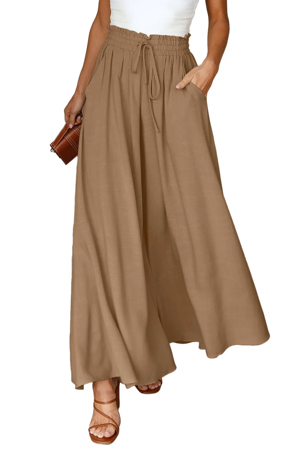 Drawstring Smocked High Waist Wide Leg Pants