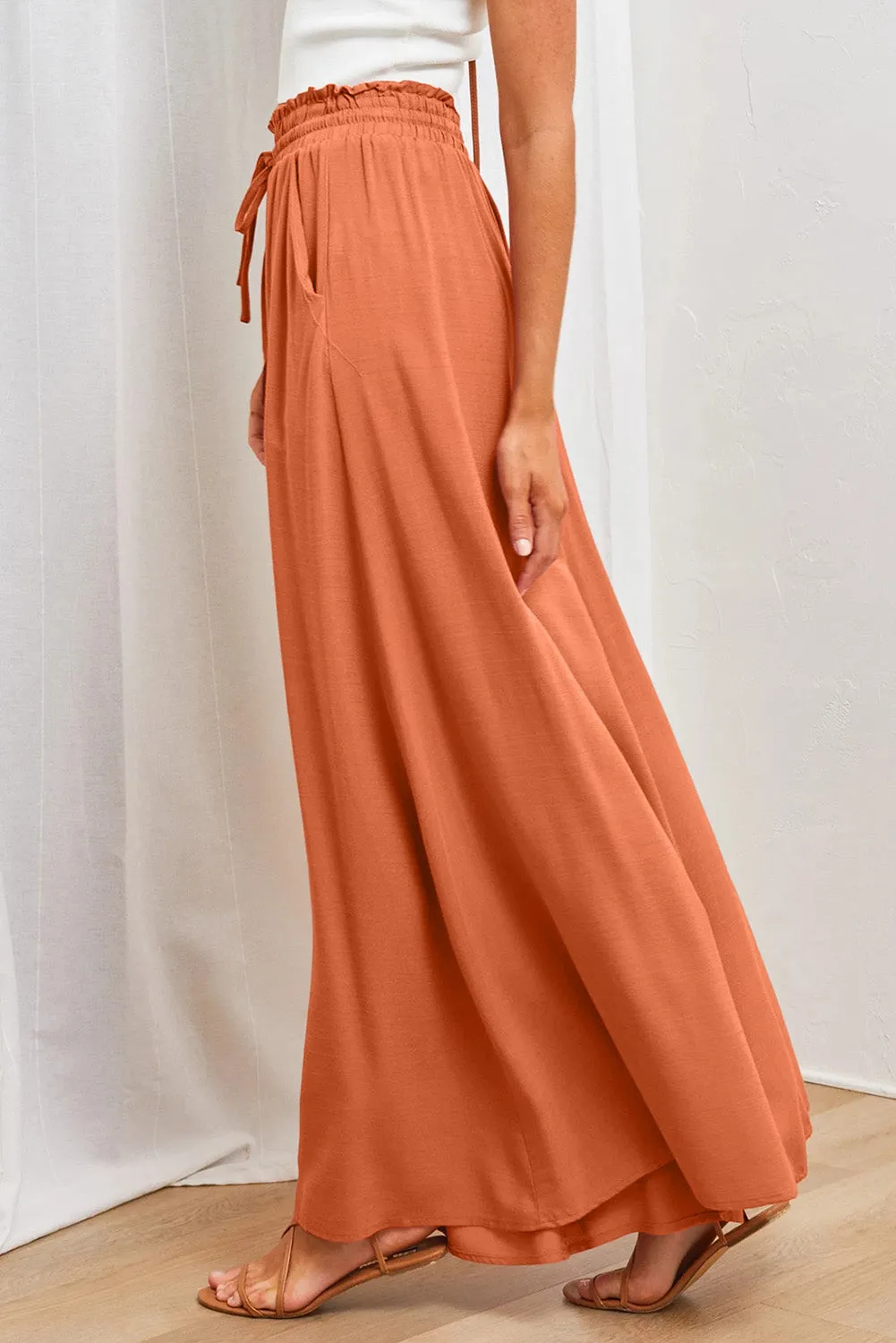 Drawstring Smocked High Waist Wide Leg Pants