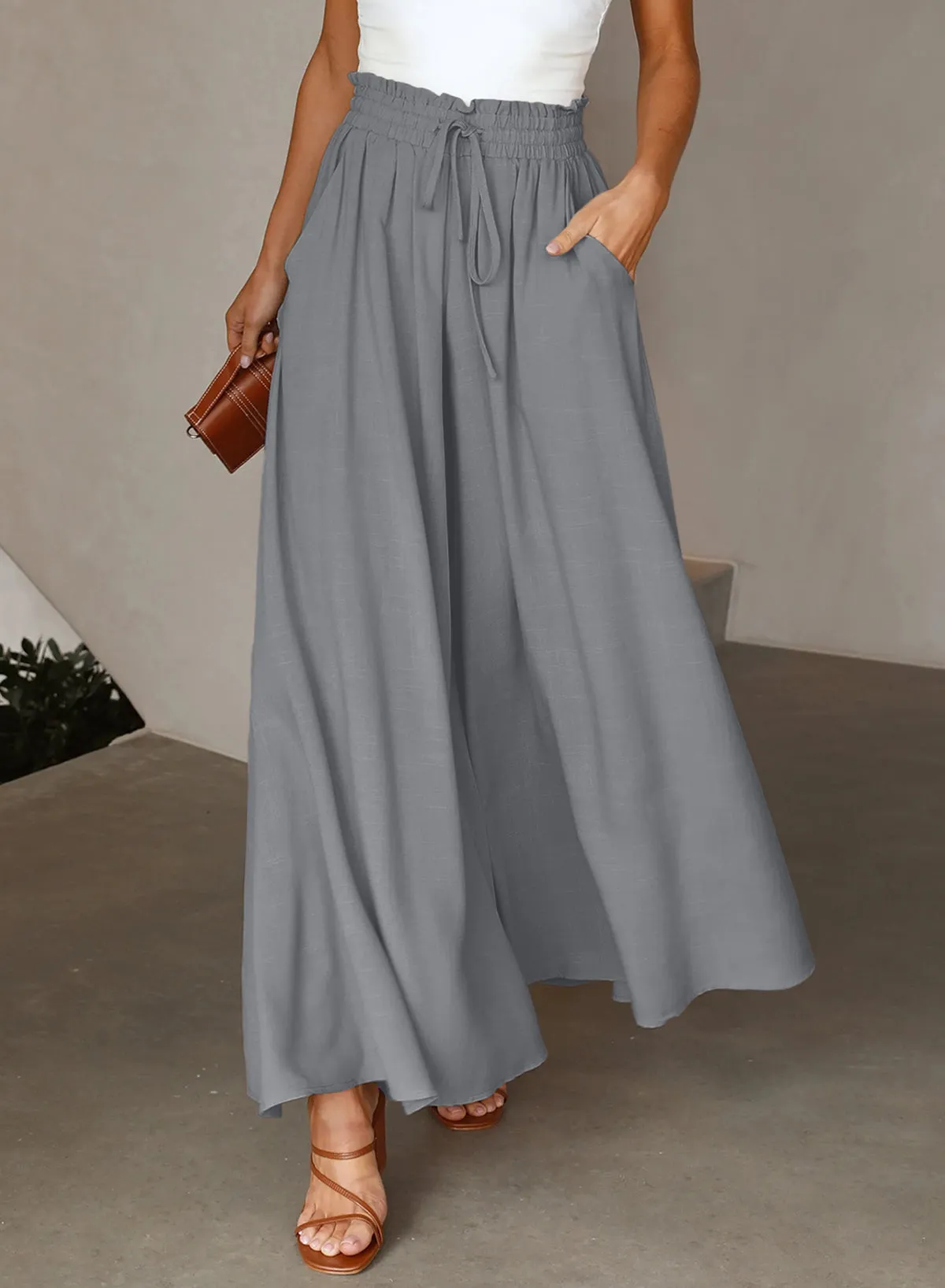 Drawstring Smocked High Waist Wide Leg Pants