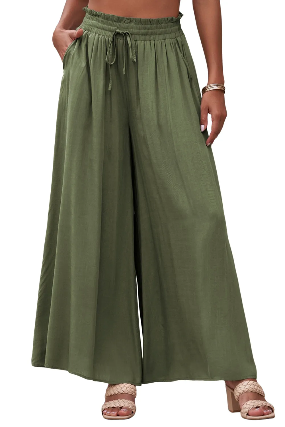 Drawstring Smocked High Waist Wide Leg Pants