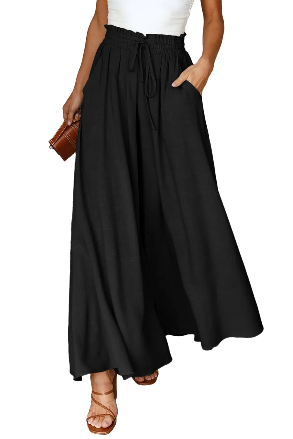 Drawstring Smocked High Waist Wide Leg Pants