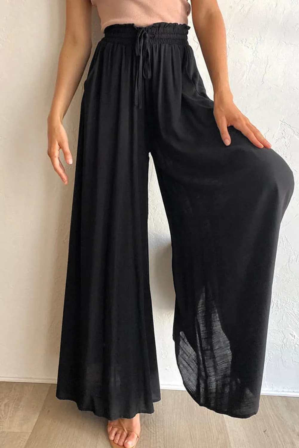 Drawstring Smocked High Waist Wide Leg Pants