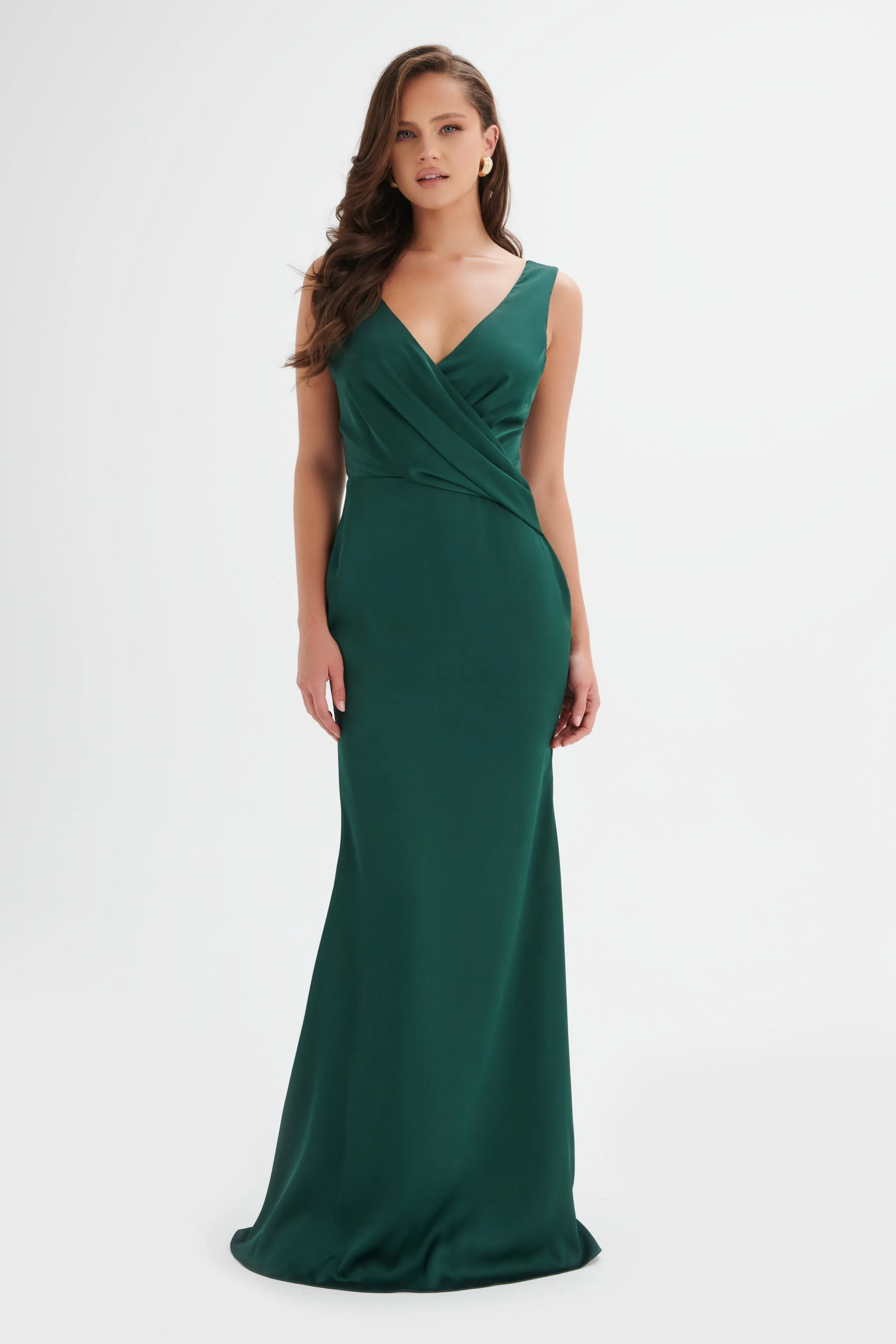 ELLE Draped Wrap Satin Maxi Dress in Emerald Green