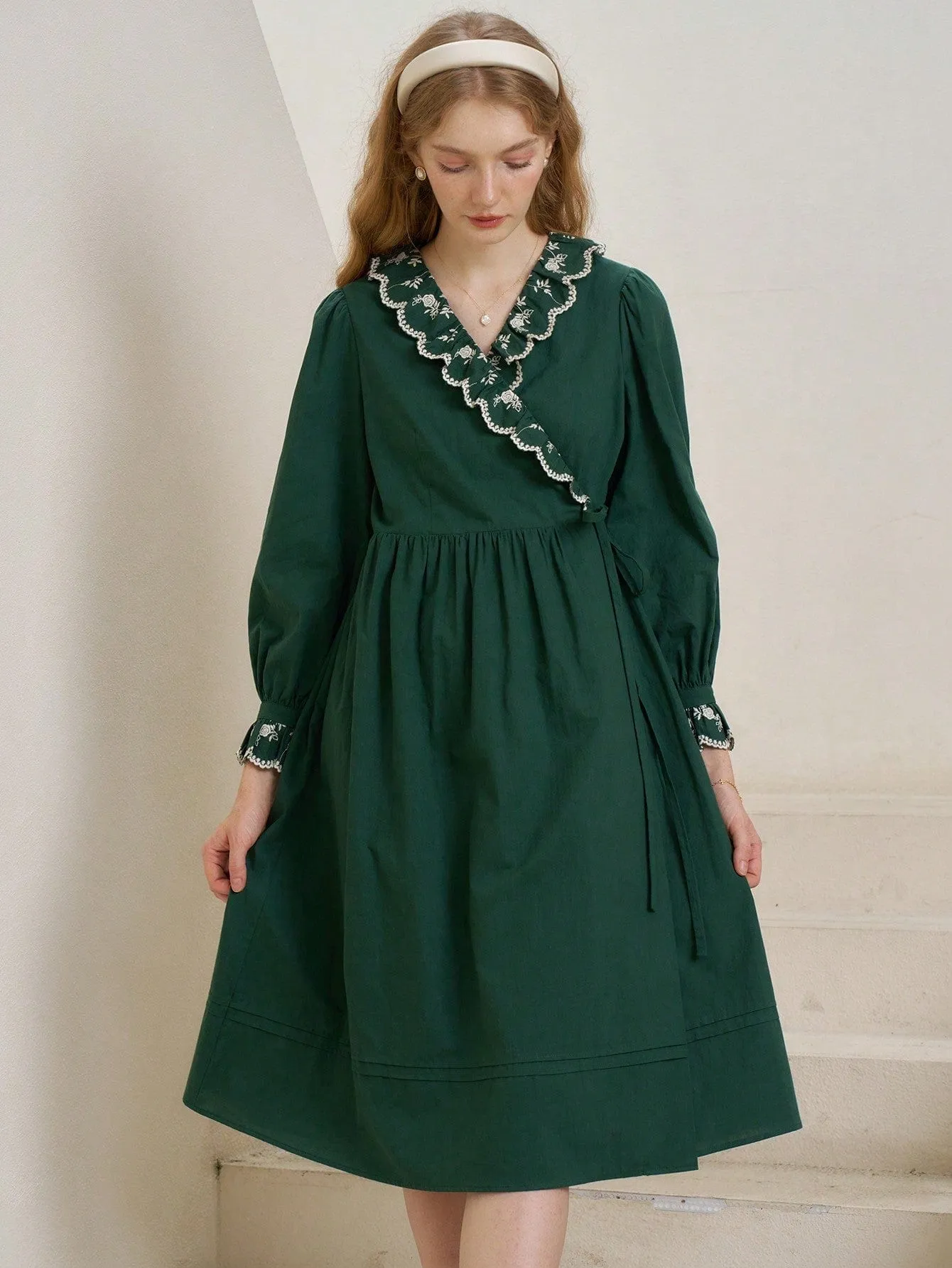 Emeraldine Green Floral Embroidery Ruffle Trim Knot Side Wrap Dress