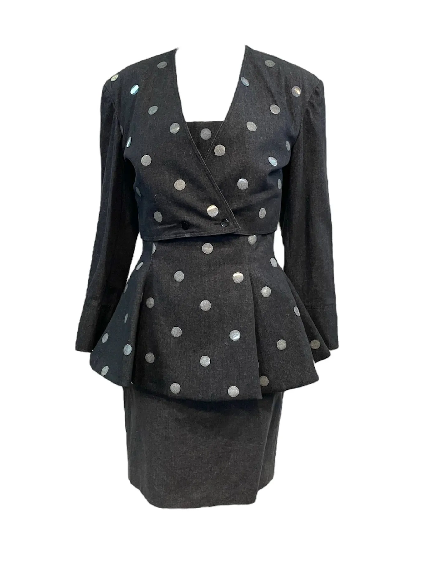 Enrico Coveri 80s OverDyed Black Polka Dot Dress and Cropped Jacket