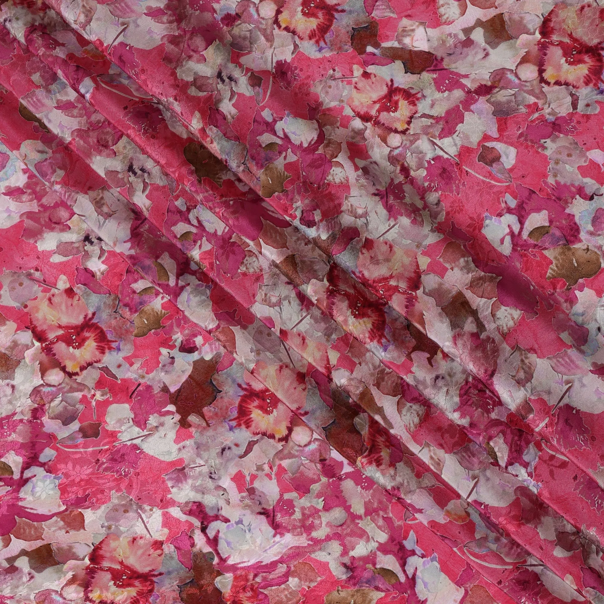 Hot Pink Viscose Crepe Printed Fabric with White and Red Floral Design, 110 cm Width-D20458