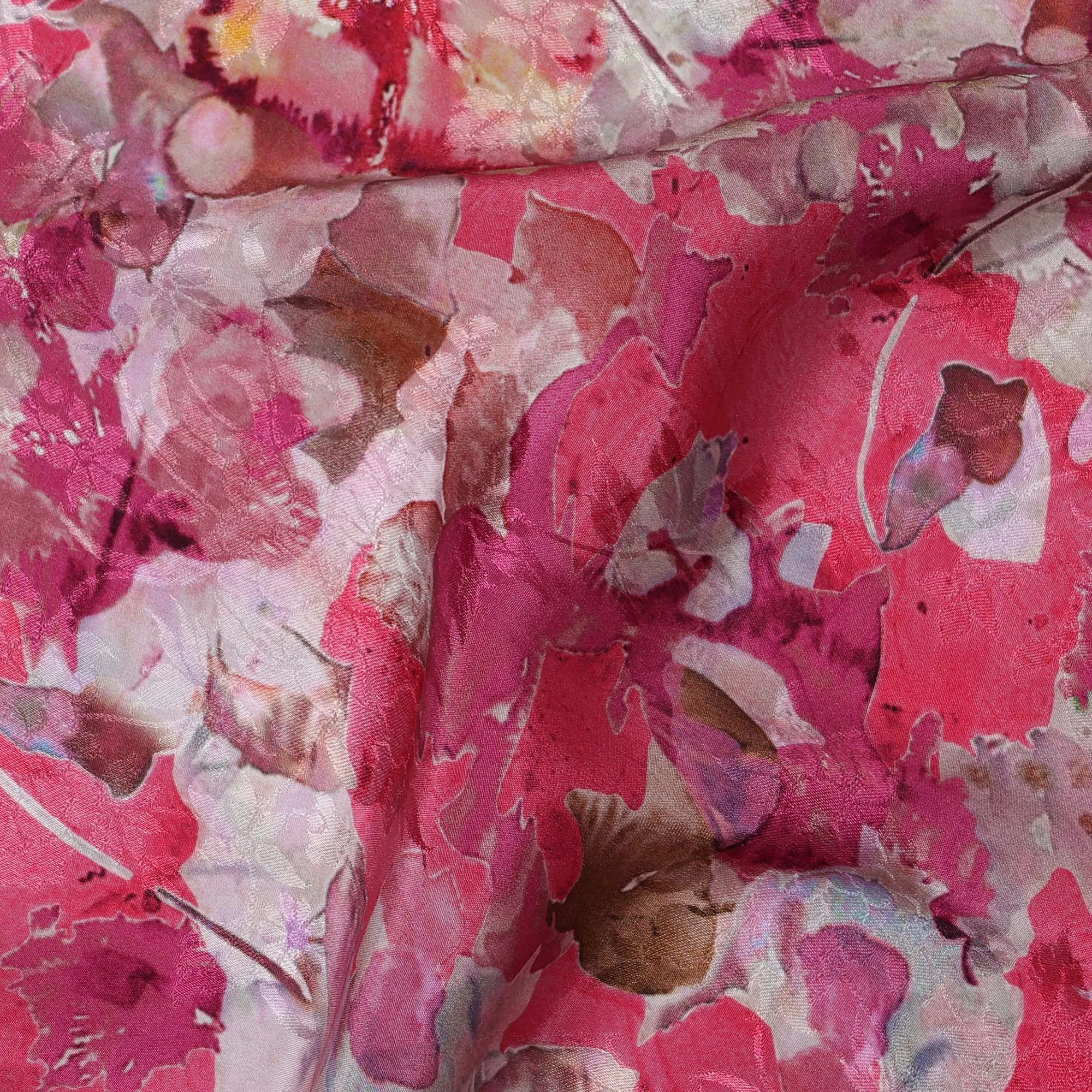 Hot Pink Viscose Crepe Printed Fabric with White and Red Floral Design, 110 cm Width-D20458