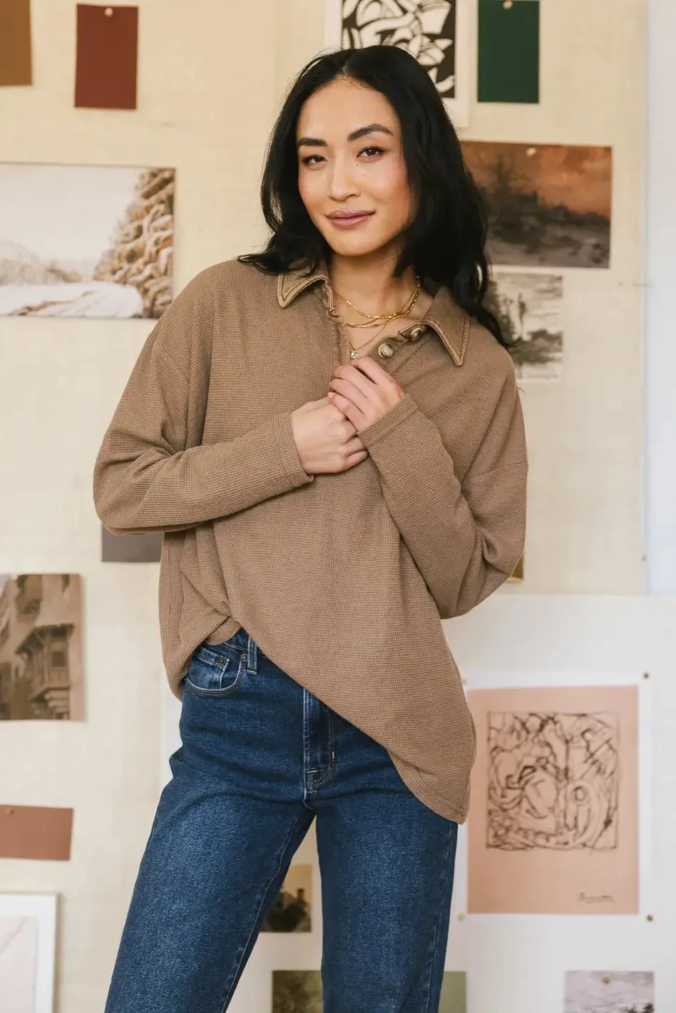 Isabelle Waffle Knit Henley Top in Mocha - FINAL SALE