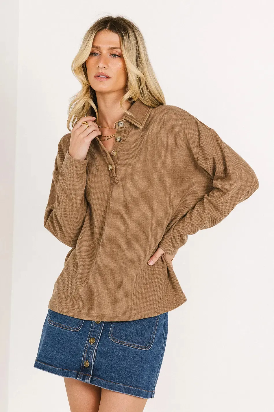 Isabelle Waffle Knit Henley Top in Mocha - FINAL SALE