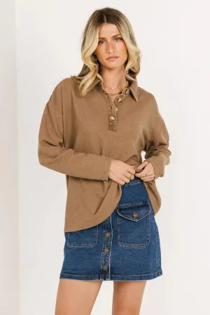 Isabelle Waffle Knit Henley Top in Mocha - FINAL SALE