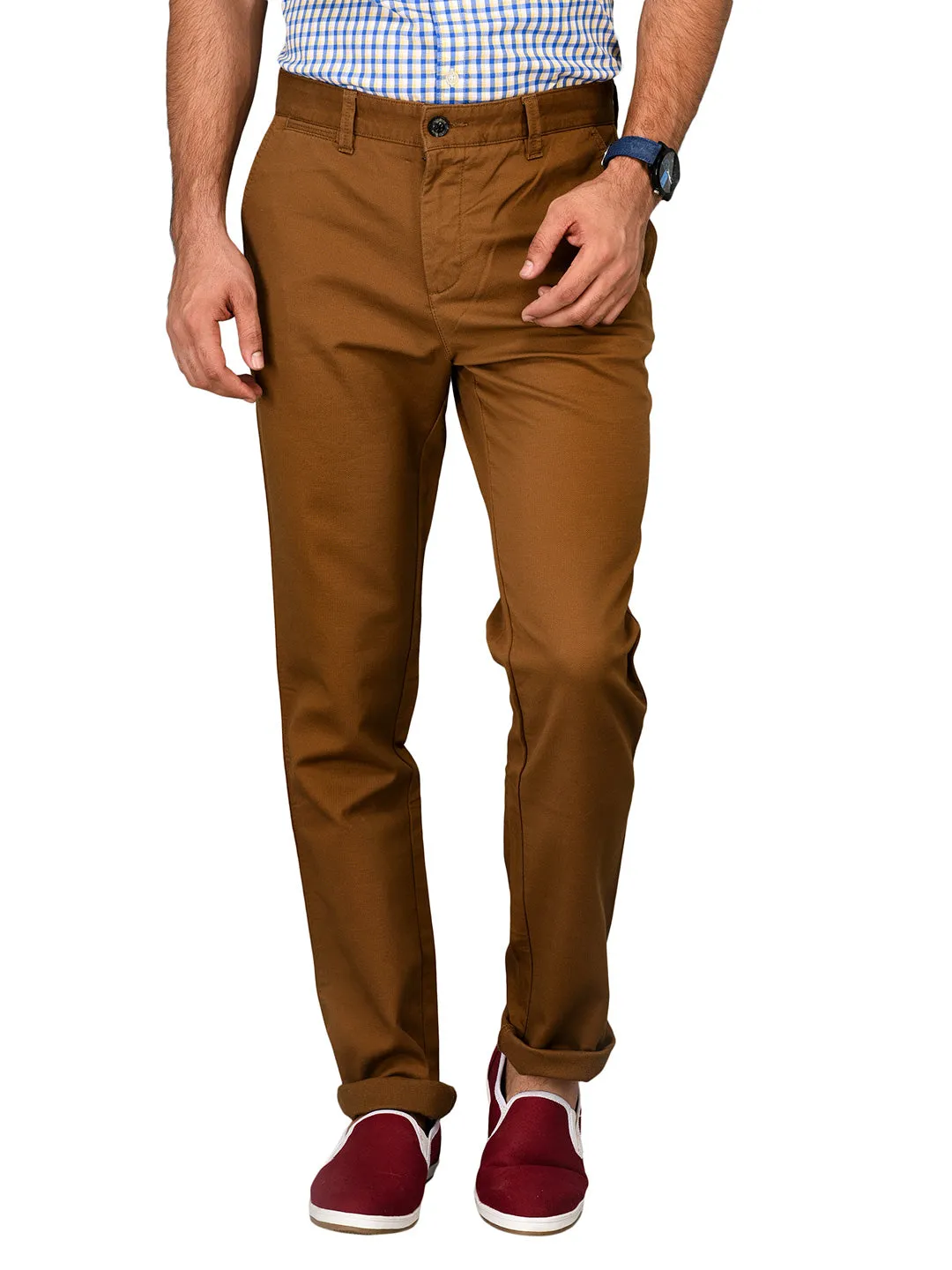 JadeBlue Dark Khaki Self Textured Slim Fit Chinos