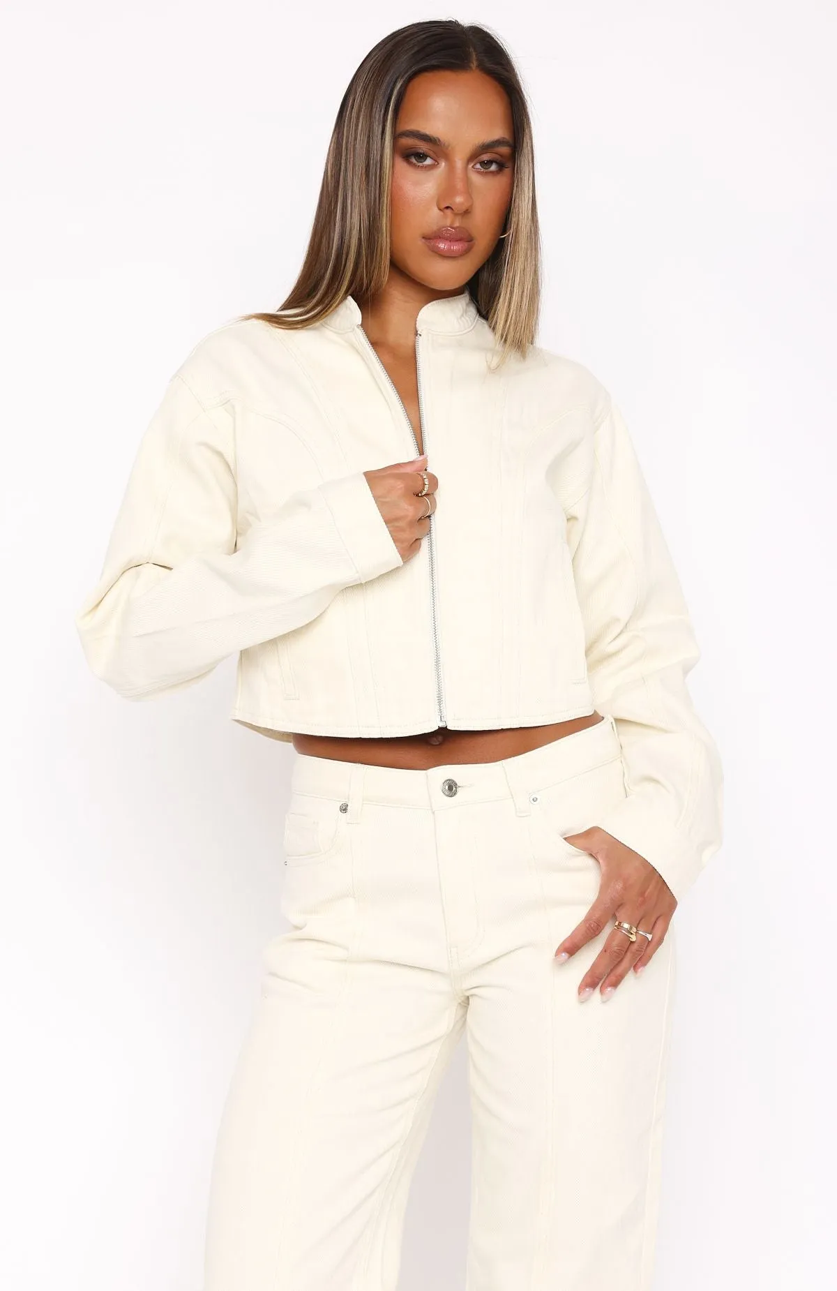 Leah Cropped Denim Jacket Cream