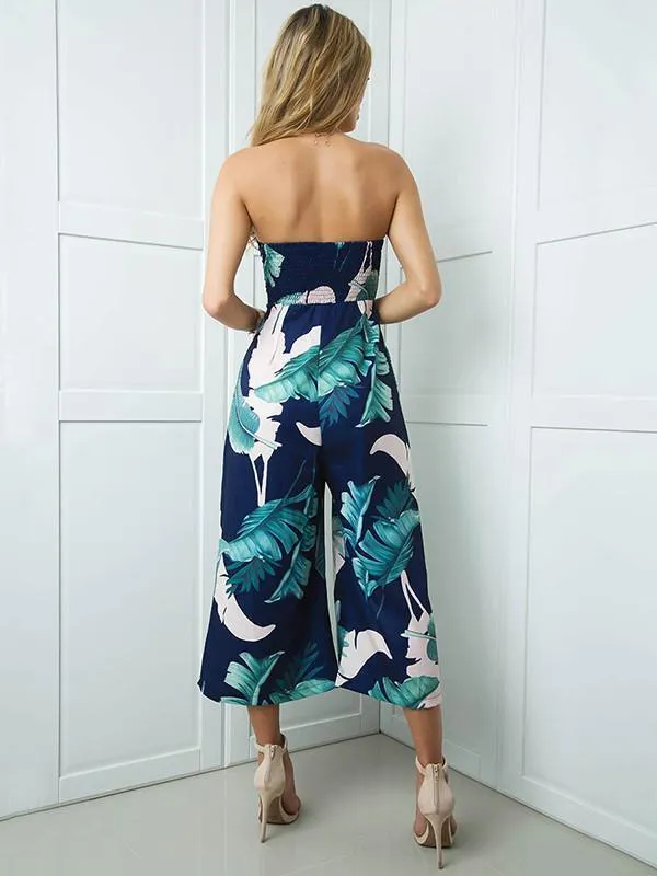 Leaves Printed Off-the-shoulder Backless Long Jumpsuits