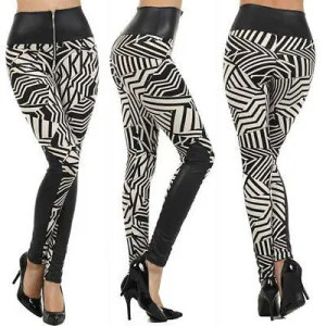 Leggings High Waist Faux Leather Matte Tribal Geometric Zipper Pant