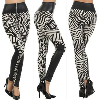 Leggings High Waist Faux Leather Matte Tribal Geometric Zipper Pant