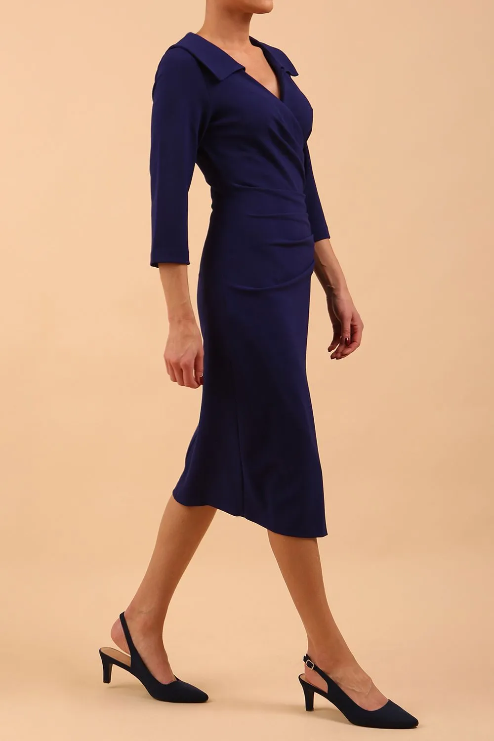 Liesel Low V-neck Sleeved Collared Wrap Pencil Dress