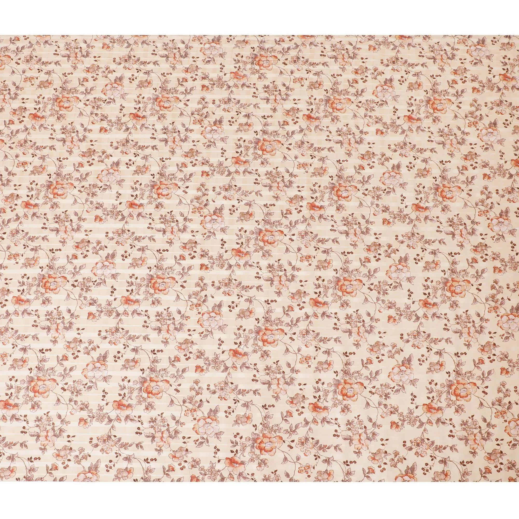 Light beige cotton satin fabric with brown and peach print in floral design-D15286