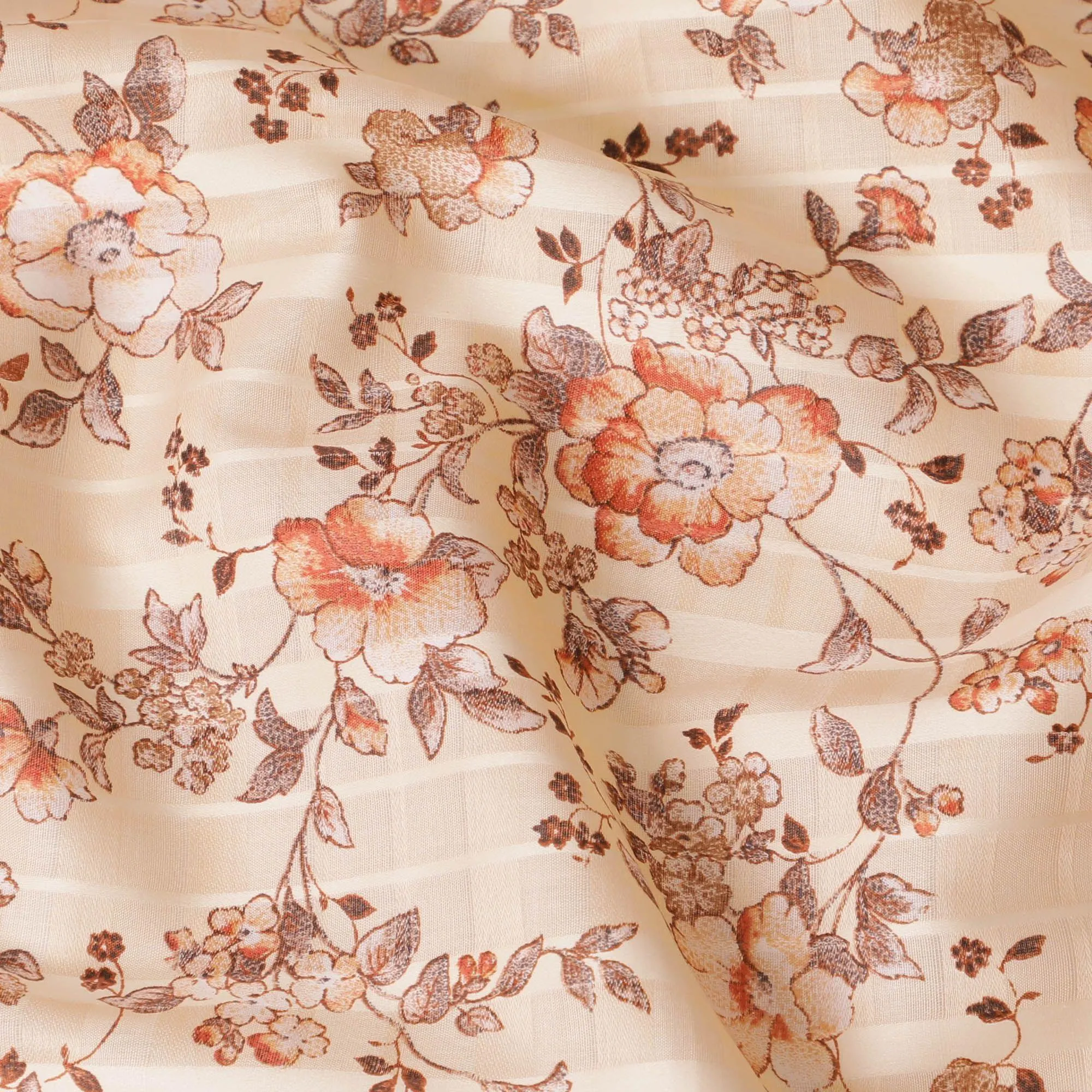 Light beige cotton satin fabric with brown and peach print in floral design-D15286