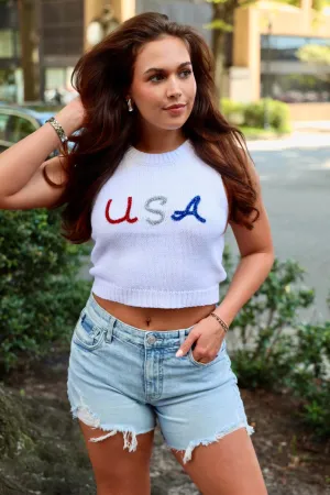 LL USA Glitter Script Sweater Tank Top