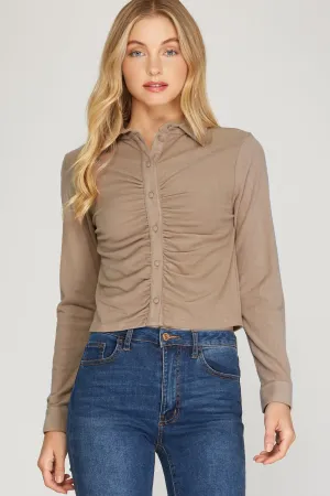 Long Cuff Sleeve Brushed Stretch Knit Top With Front Shirring Detail